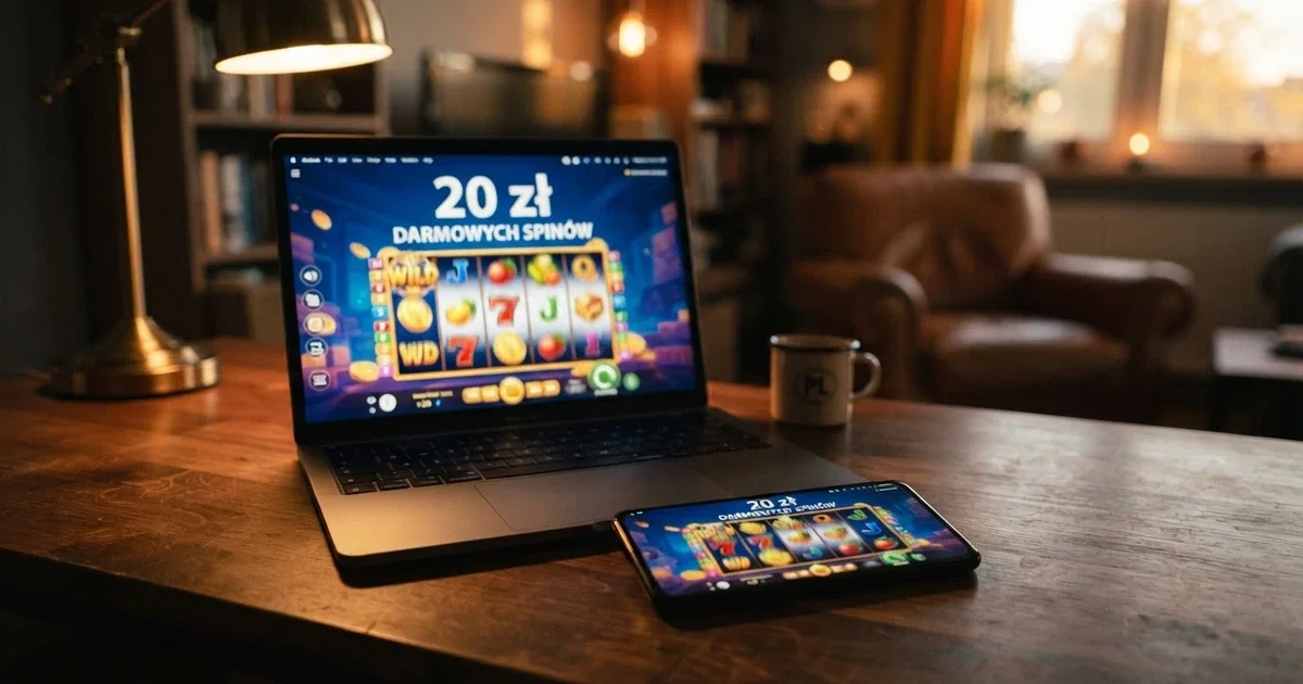 Ekran powitalny kasyna online z widoczną ofertą bonusu bez depozytu 20 zł, na ekranie laptopa i telefonu