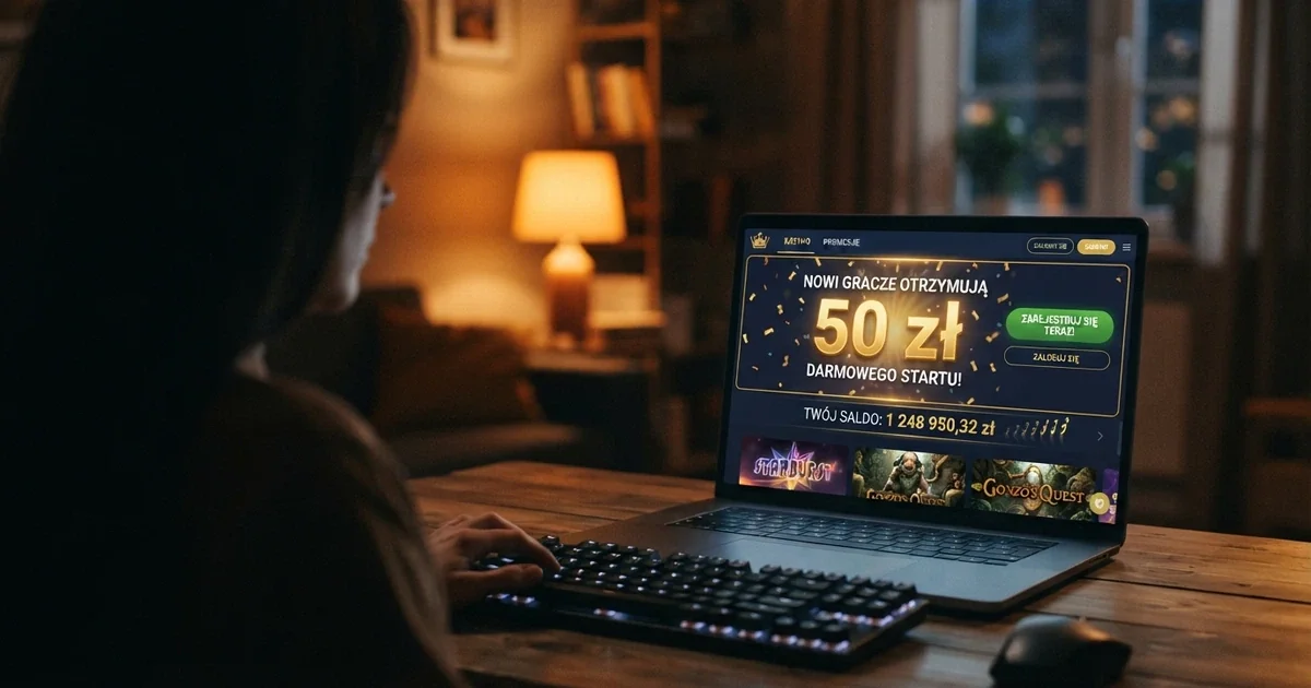 Ekran powitalny kasyna online z widocznym polem bonusu 50 zł bez depozytu, przyciskiem rejestracji i licznikiem salda bonusowego