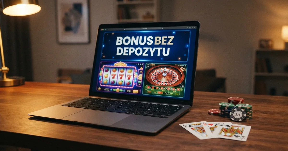 Ekran laptopa wyświetlający stronę kasyna online z banerem „bonus bez depozytu”, obok leżą karty do gry i żetony