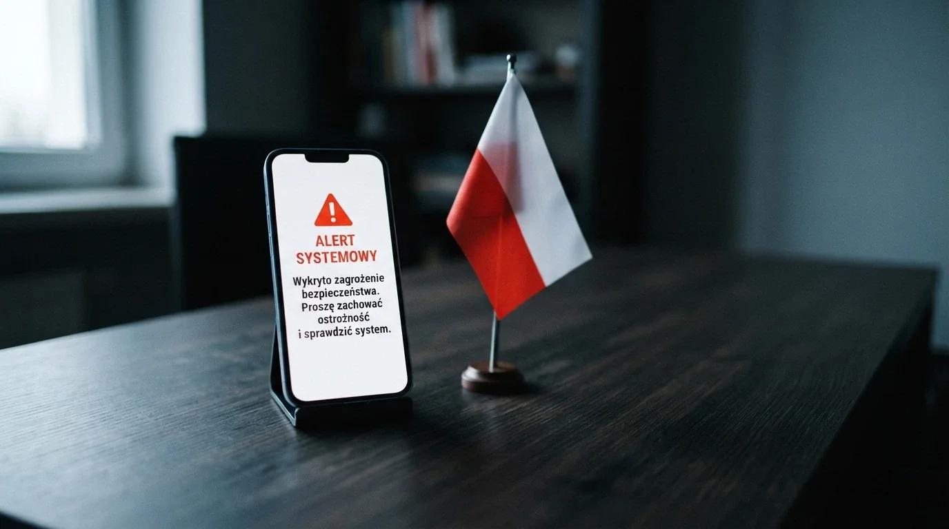 Ekran iPhone'a z komunikatem ostrzegawczym i polską flagą w tle — symboliczne przedstawienie ryzyka prawnego gry w nielegalnym kasynie