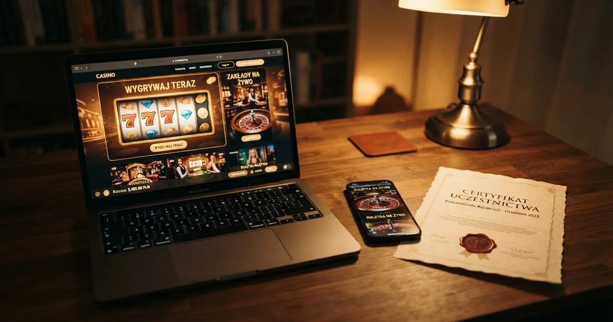 Strona Total Casino na ekranie laptopa i telefonu, obok dokument z pieczęcią Ministerstwa Finansów — legalne kasyno online w Polsce