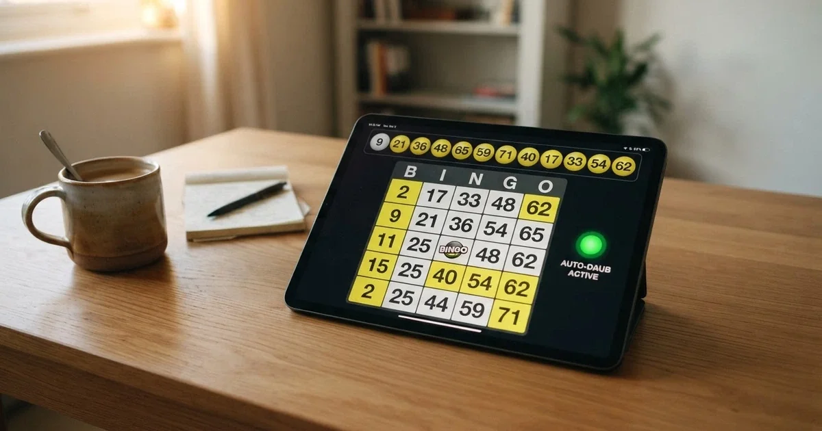 Interfejs gry bingo online z widoczną kartą gracza, wylosowanymi numerami i przyciskiem automatycznego skreślania