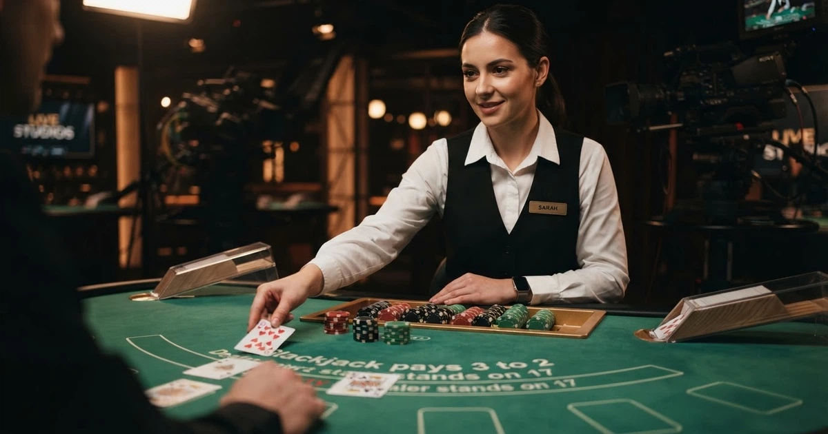 Krupier w smokingu rozdaje karty przy stole do blackjacka na żywo w profesjonalnym studiu kasynowym, przed nim układ kart i żetony