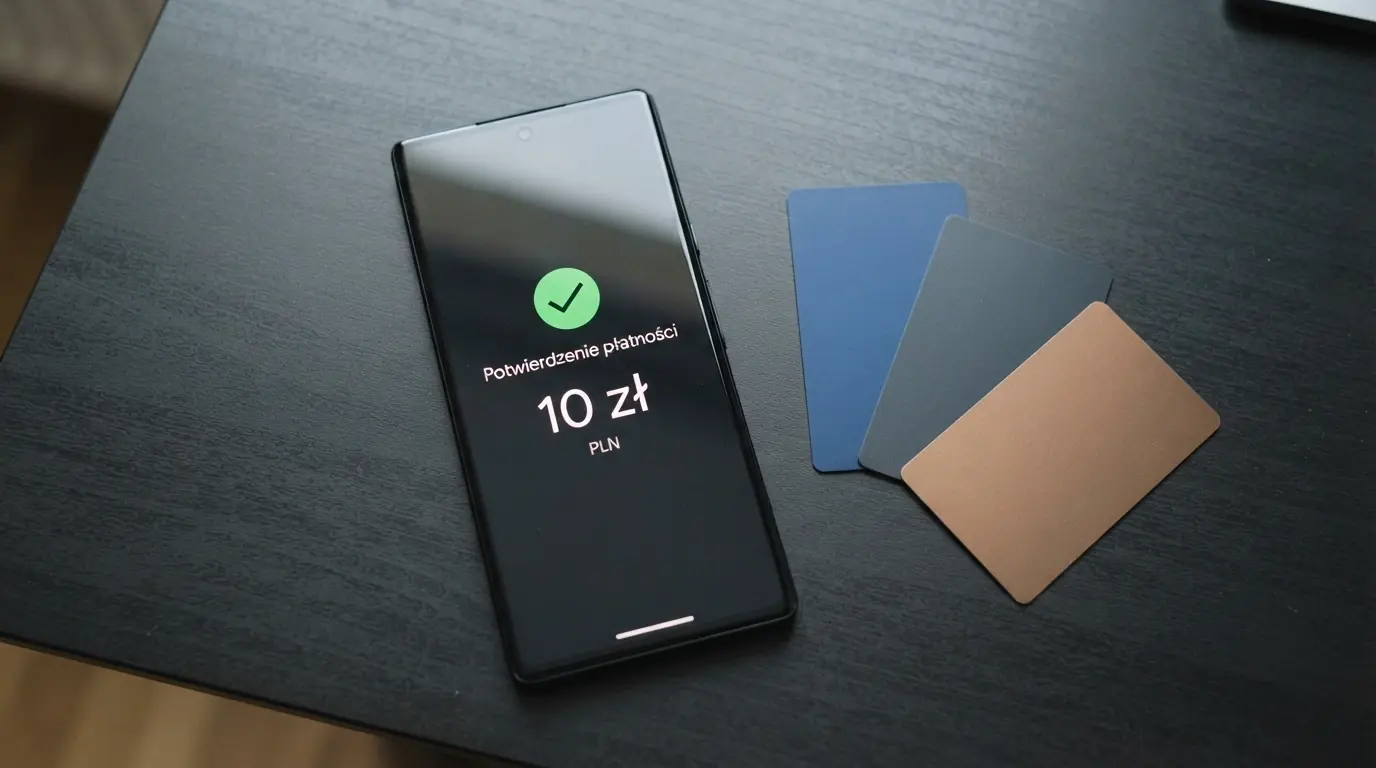 Telefon z ekranem potwierdzenia płatności BLIK na kwotę 10 zł, obok logo metod płatności — BLIK, Visa, Przelewy24, Skrill
