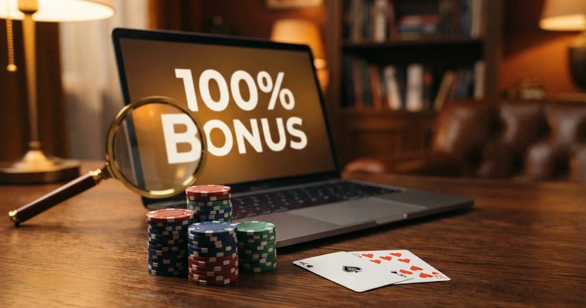 Stos monet i kart do gry obok laptopa z powiększoną lupą nad napisem „100% bonus” na ekranie