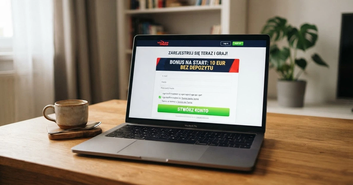 Ekran rejestracji w kasynie online z widocznym formularzem, komunikatem o bonusie 10 euro i przyciskiem „Załóż konto”