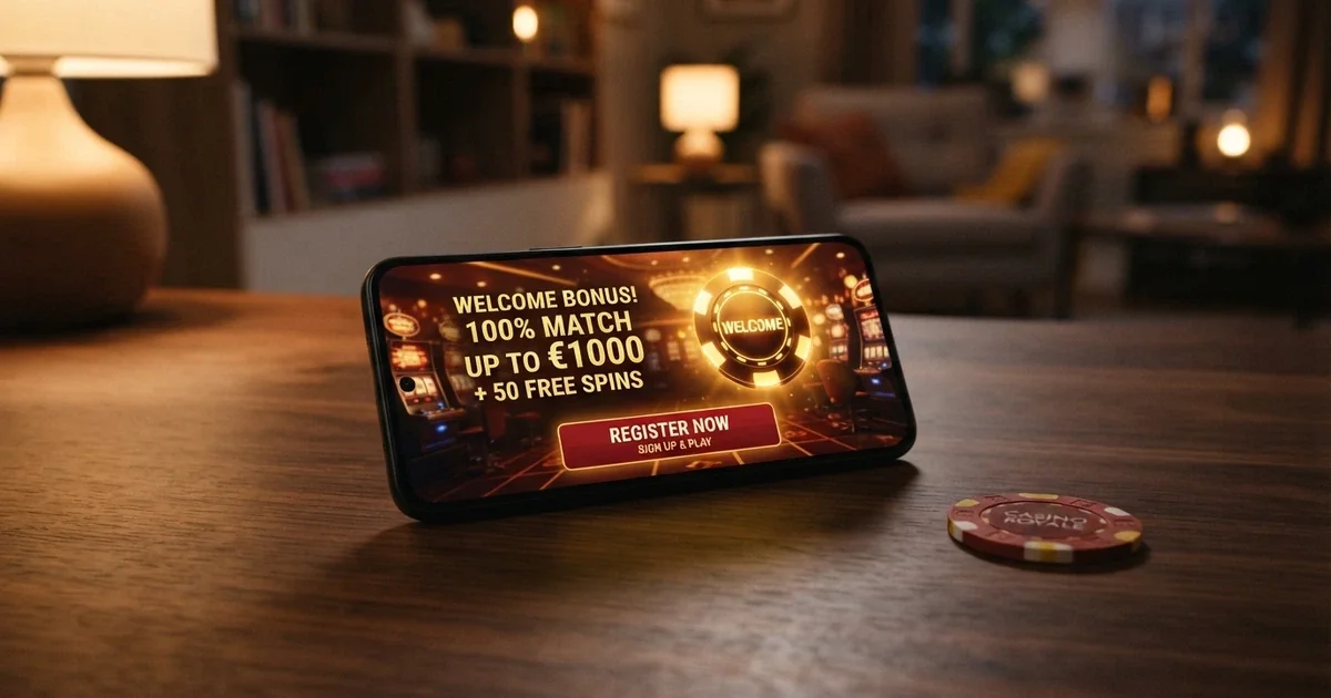 Strona główna kasyna online z widocznym banerem promocyjnym „bonus bez depozytu za rejestrację” i przyciskiem rejestracji