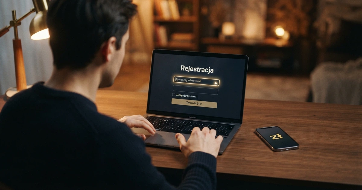 Formularz rejestracyjny kasyna online z widocznym polem na dane osobowe i komunikatem o bonusie powitalnym