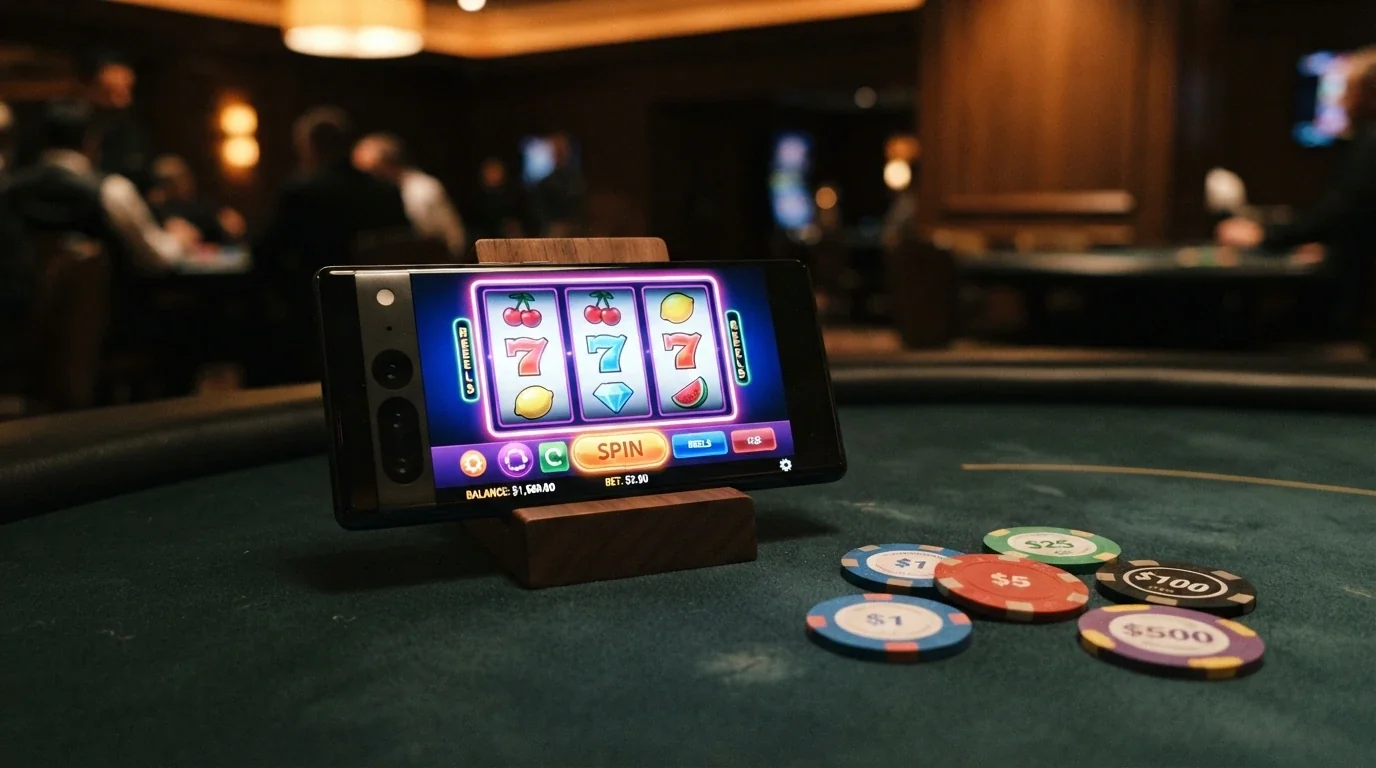 Smartfon z Androidem w orientacji poziomej wyświetlający jednocześnie slot (Starburst), stół do ruletki na żywo i układankę interfejsu blackjacka