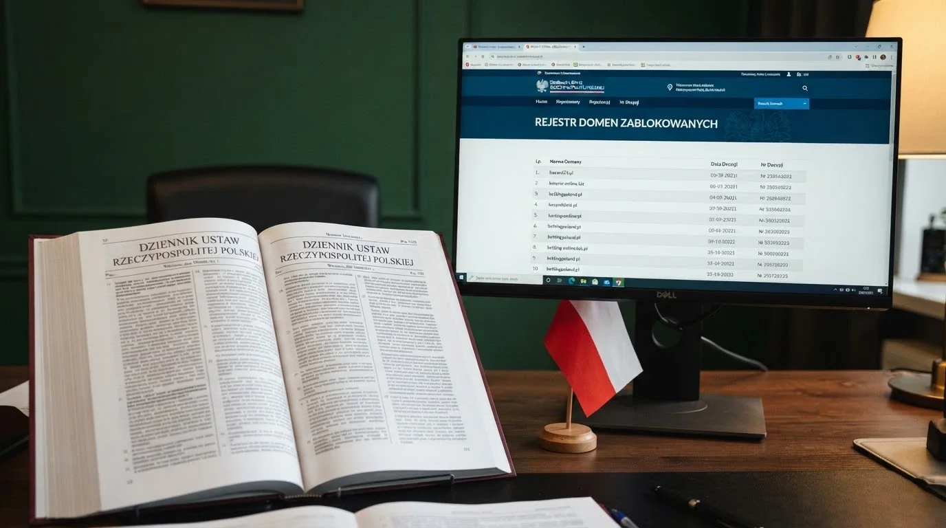 Otwarty Dziennik Ustaw obok ekranu monitora z widoczną stroną Rejestru Domen hazard.mf.gov.pl, w tle flaga Polski