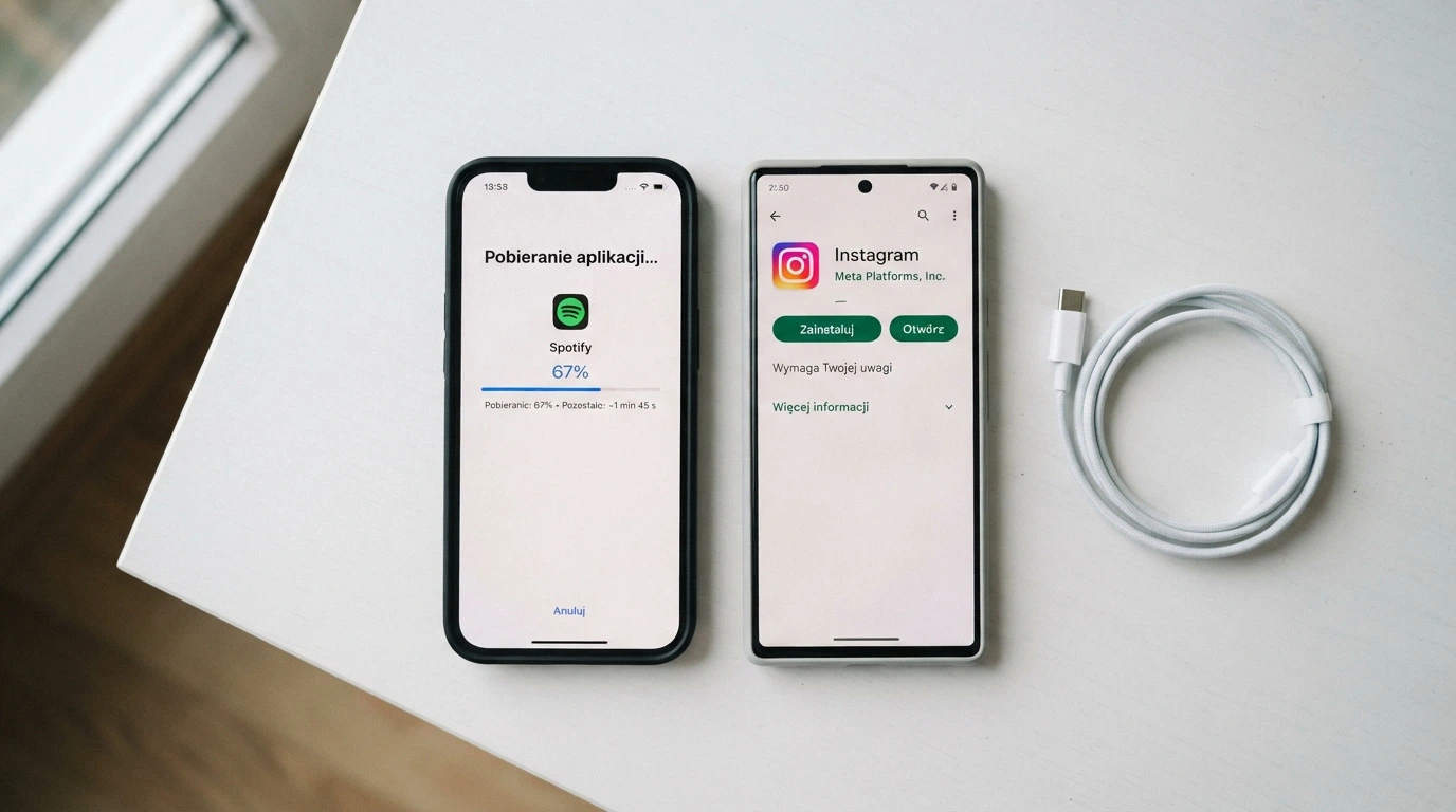 Dwa telefony obok siebie — Android z ekranem pobierania pliku APK ze strony kasyna, iPhone z ekranem App Store i przyciskiem „Pobierz” dla aplikacji kasyno