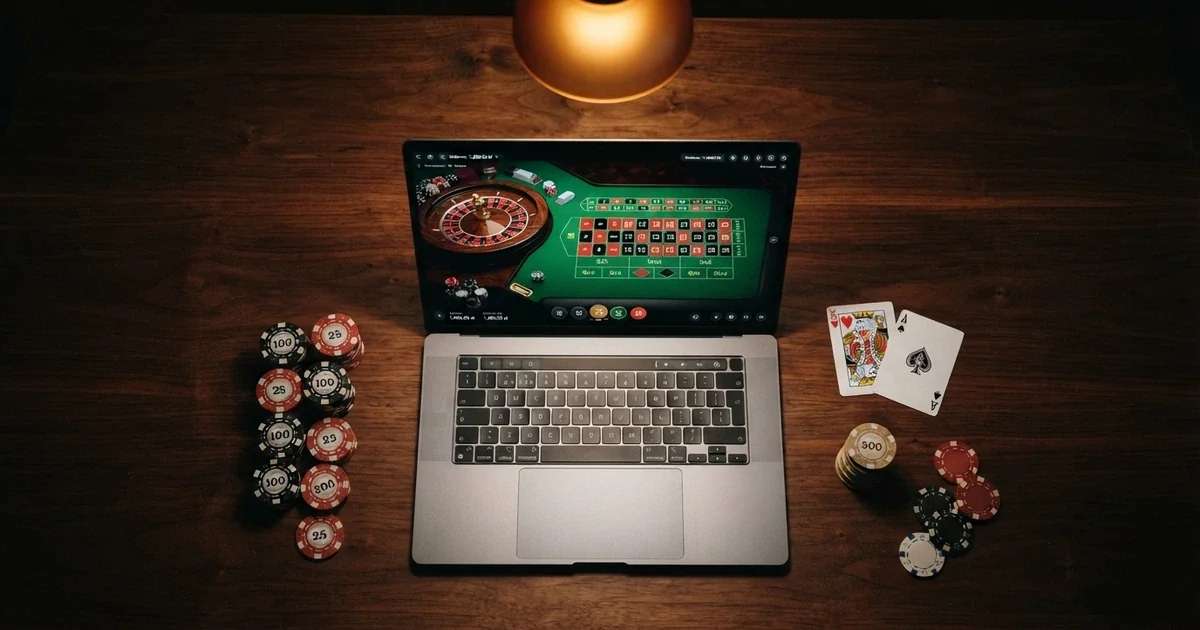 Stół do gry w kasynie online widziany z góry — karty, żetony, ekran laptopa z otwartą stroną Total Casino