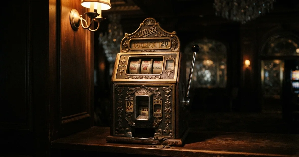 Mechaniczny automat do gry z dźwignią i trzema bębnami z symbolami owoców, podświetlony w przyciemnionym wnętrzu kasyna