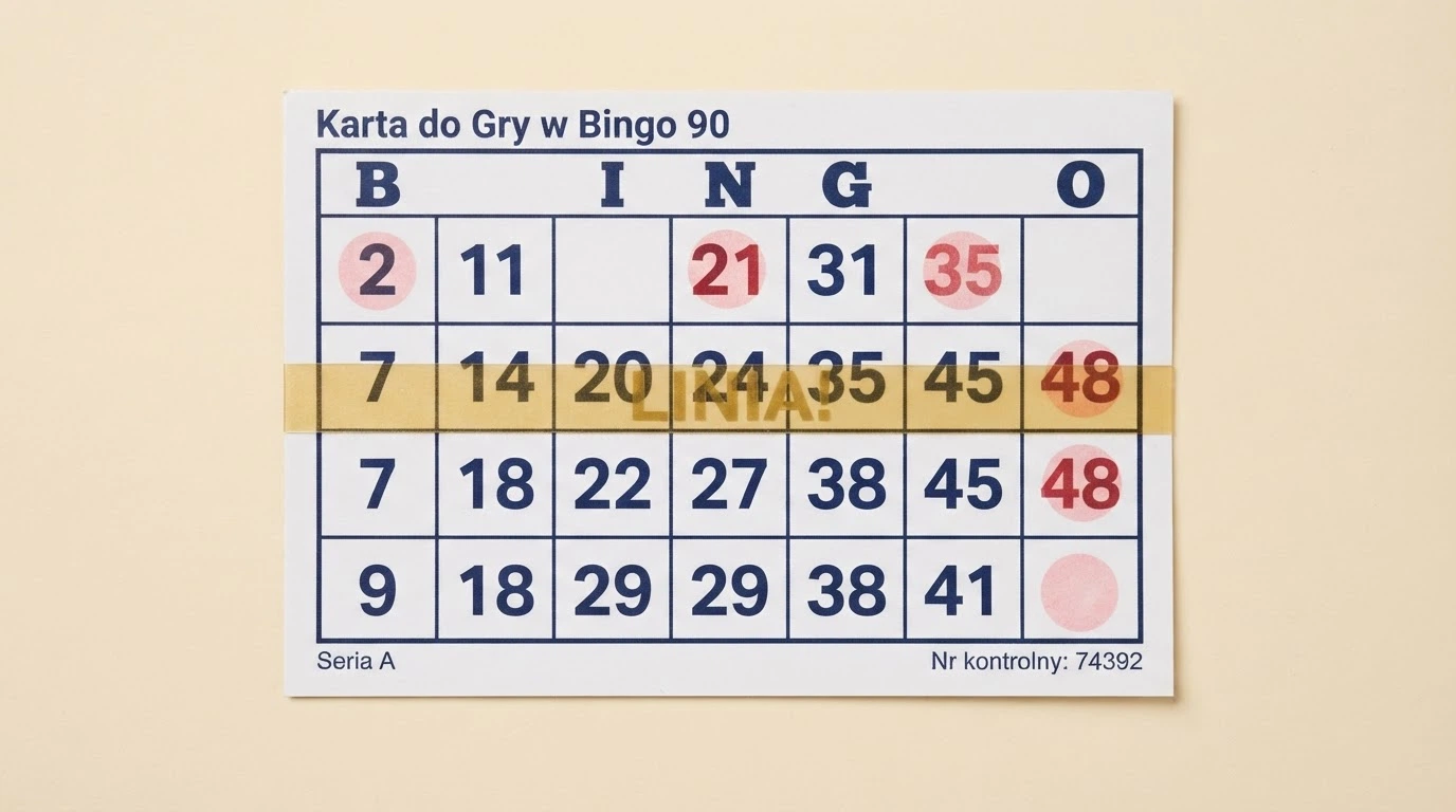 Zbliżenie na kartę do gry w bingo 90-ball z widocznymi kolumnami B-I-N-G-O, zakresami liczbowymi i polami do skreślenia
