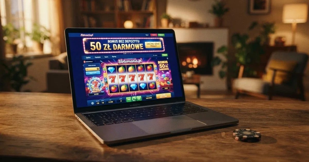 Strona kasyna online z widocznym banerem bonusu bez depozytu na tle gier slotowych