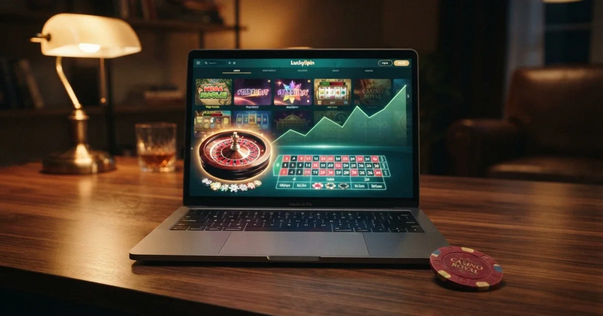 Strona kasyna online z logo Cardano ADA, wykresem kursu kryptowaluty i grami kasynowymi na ekranie laptopa