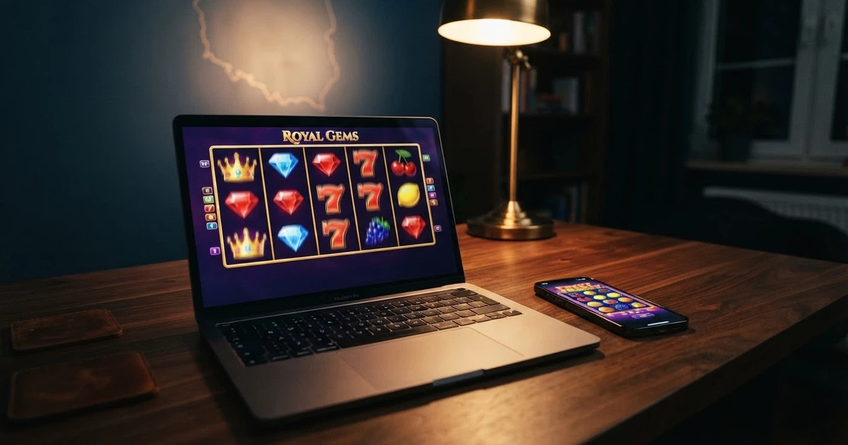Strona główna kasyna online z widocznymi slotami Pragmatic Play na ekranie komputera i telefonu, na tle mapy Polski