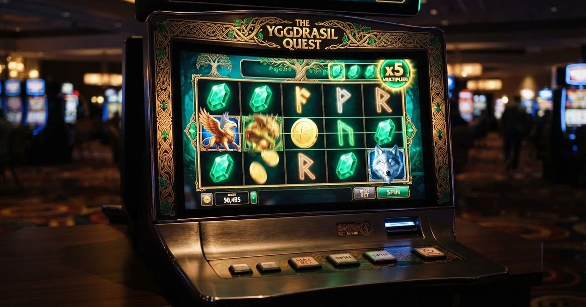 Logo Yggdrasil Gaming na tle interfejsu kasyna online z automatami do gry i symbolem drzewa
