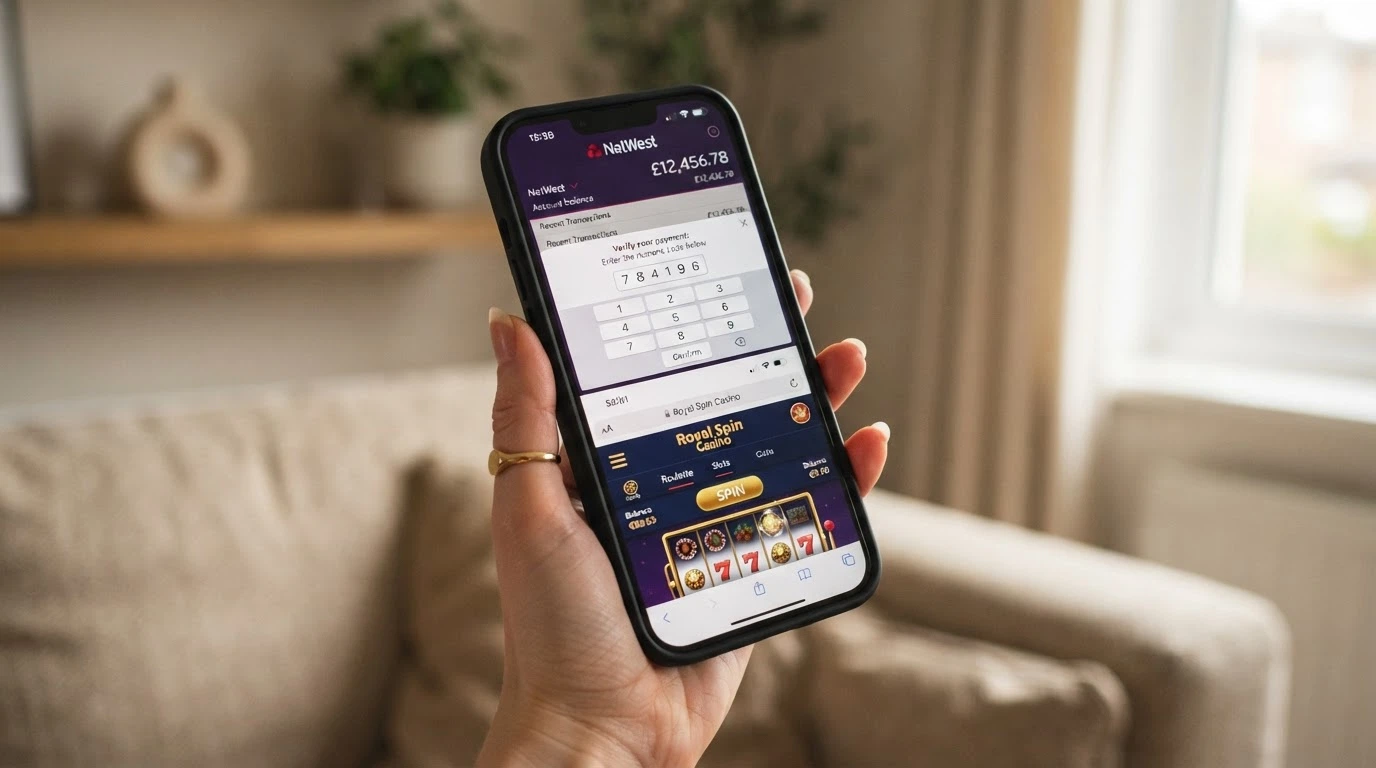 Smartfon wyświetlający jednocześnie aplikację bankową z BLIK i kasyno w przeglądarce mobilnej