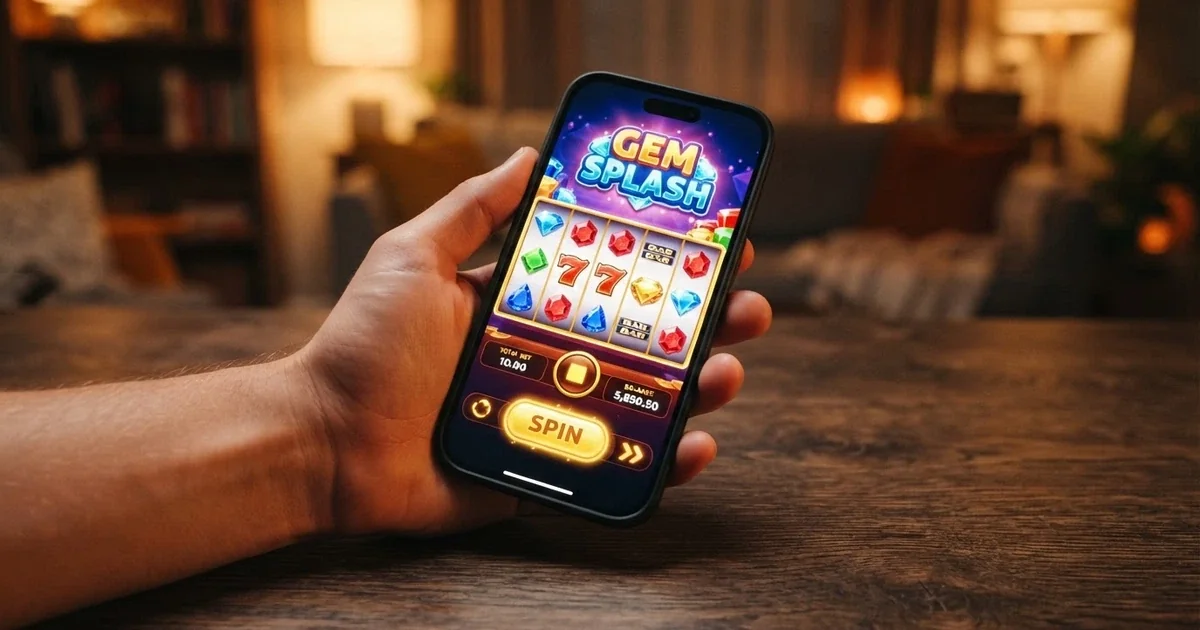Ekran smartfona z Androidem wyświetlający grę kasynową — sloty, ruletkę lub blackjacka — z widocznym interfejsem dotykowym i polskimi napisami