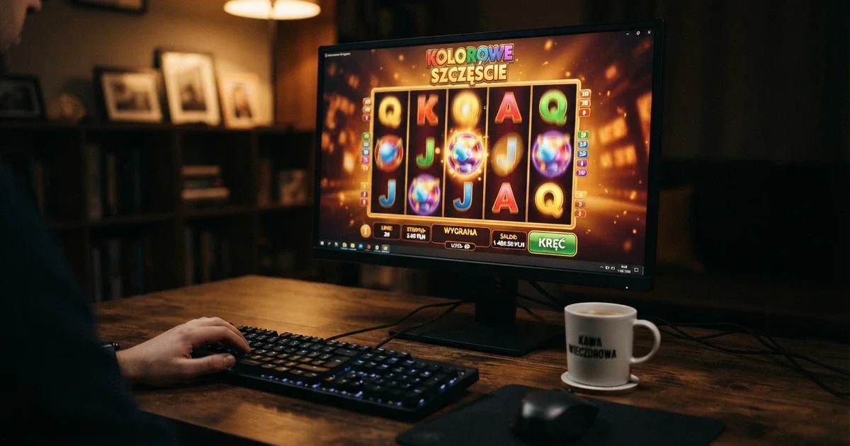 Kolorowe automaty do gry online z widocznym przyciskiem darmowych spinów na ekranie komputera