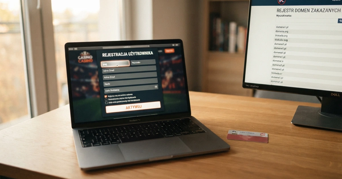 Ekran laptopa z otwartą stroną kasyna online, pole na kod promocyjny i przycisk „aktywuj” — obok leży polski dowód osobisty, na drugim monitorze widoczna strona Rejestru Domen Ministerstwa Finansów