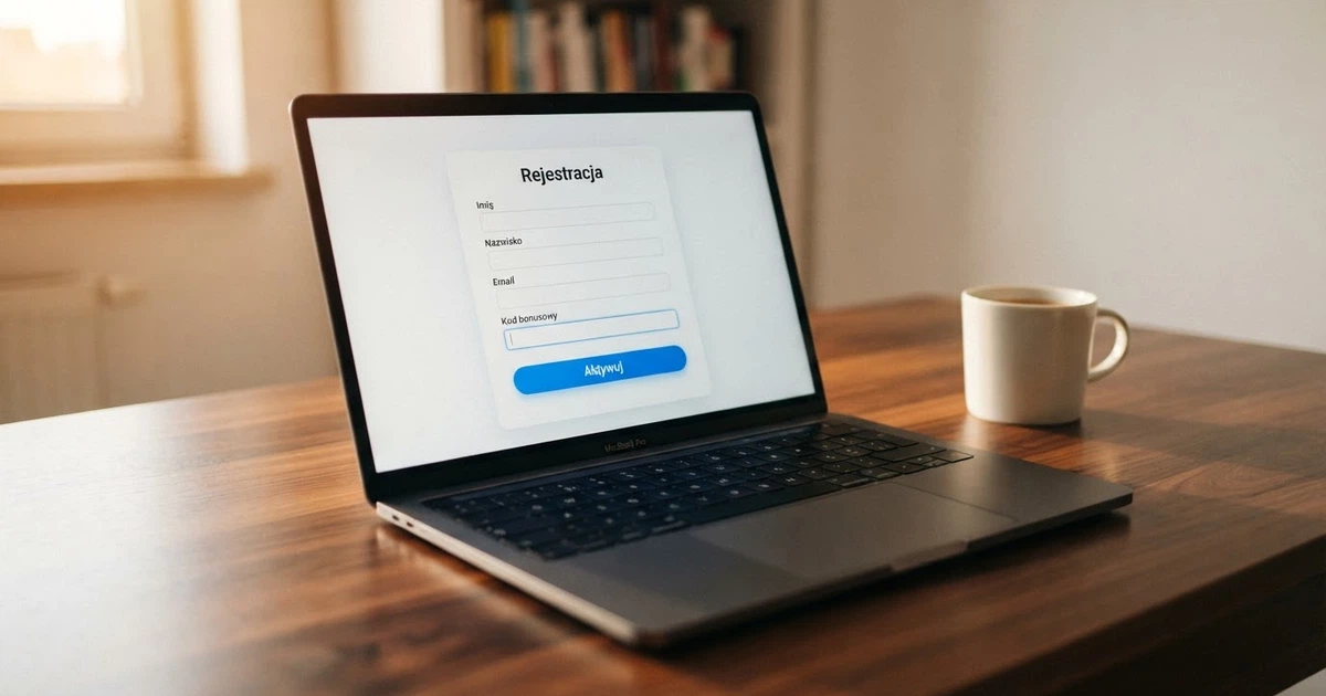 Ekran rejestracji w kasynie online z widocznym polem na kod bonusowy i przyciskiem aktywacji bonusu bez depozytu