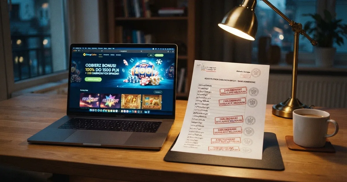 Logo Total Casino na ekranie laptopa obok wydruku z Rejestru Domen Ministerstwa Finansów, kontrast legalnego i nielegalnego hazardu