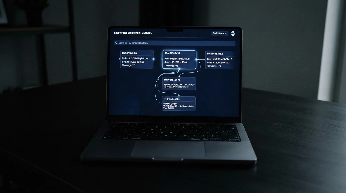 Ekran eksploratora blockchain z widocznym ciągiem transakcji BTC — kolejne bloki i adresy portfeli na ciemnym tle