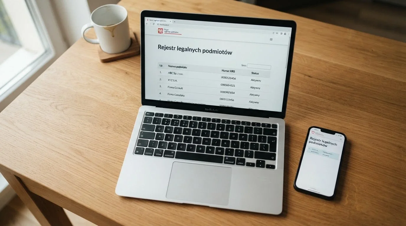 Ekran laptopa wyświetlający stronę Ministerstwa Finansów z listą legalnych podmiotów — obok, na drugim ekranie, ta sama strona w widoku mobilnym z widocznym logo Total Casino