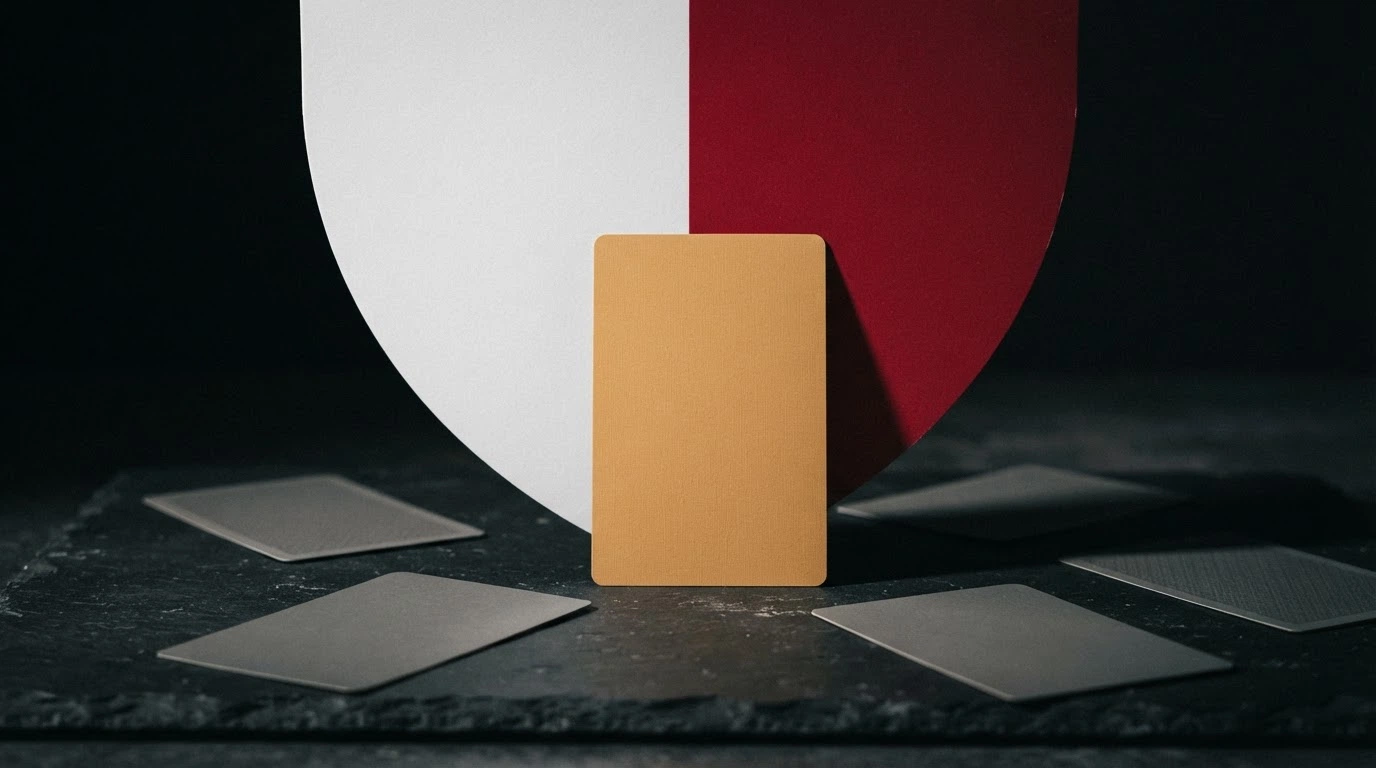 Biało-czerwona tarcza z symbolem Ministerstwa Finansów obok pojedynczej karty kasyna — pozostałe karty leżą poza tarczą, wyszarzone