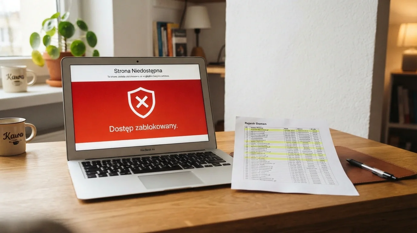 Dokument urzędowy z pieczęcią Ministerstwa Finansów obok ekranu laptopa z logo Total Casino i symbolem paragrafu