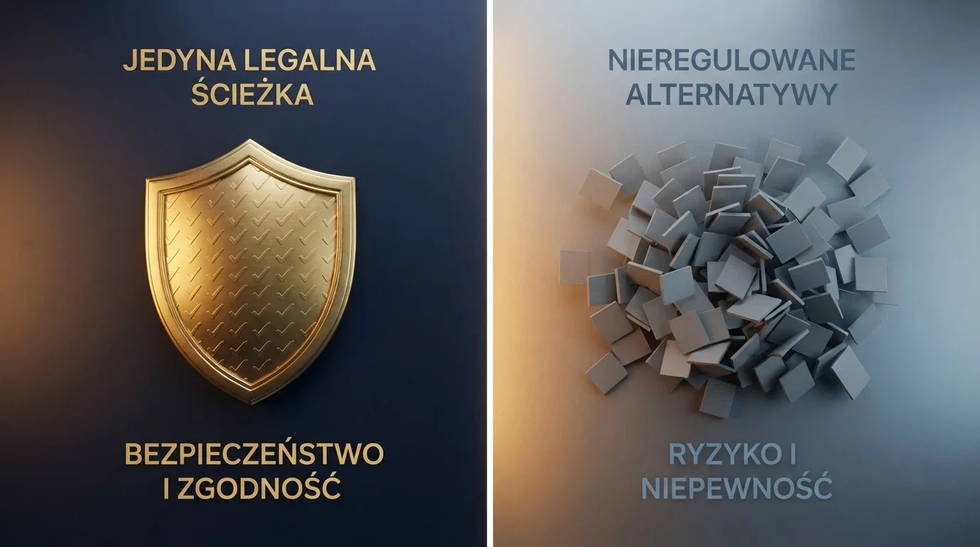 Schemat podziału polskiego rynku kasyn online — z lewej jedyny legalny operator Total Casino pod nadzorem MF, z prawej oferty zagraniczne spoza monopolu państwa