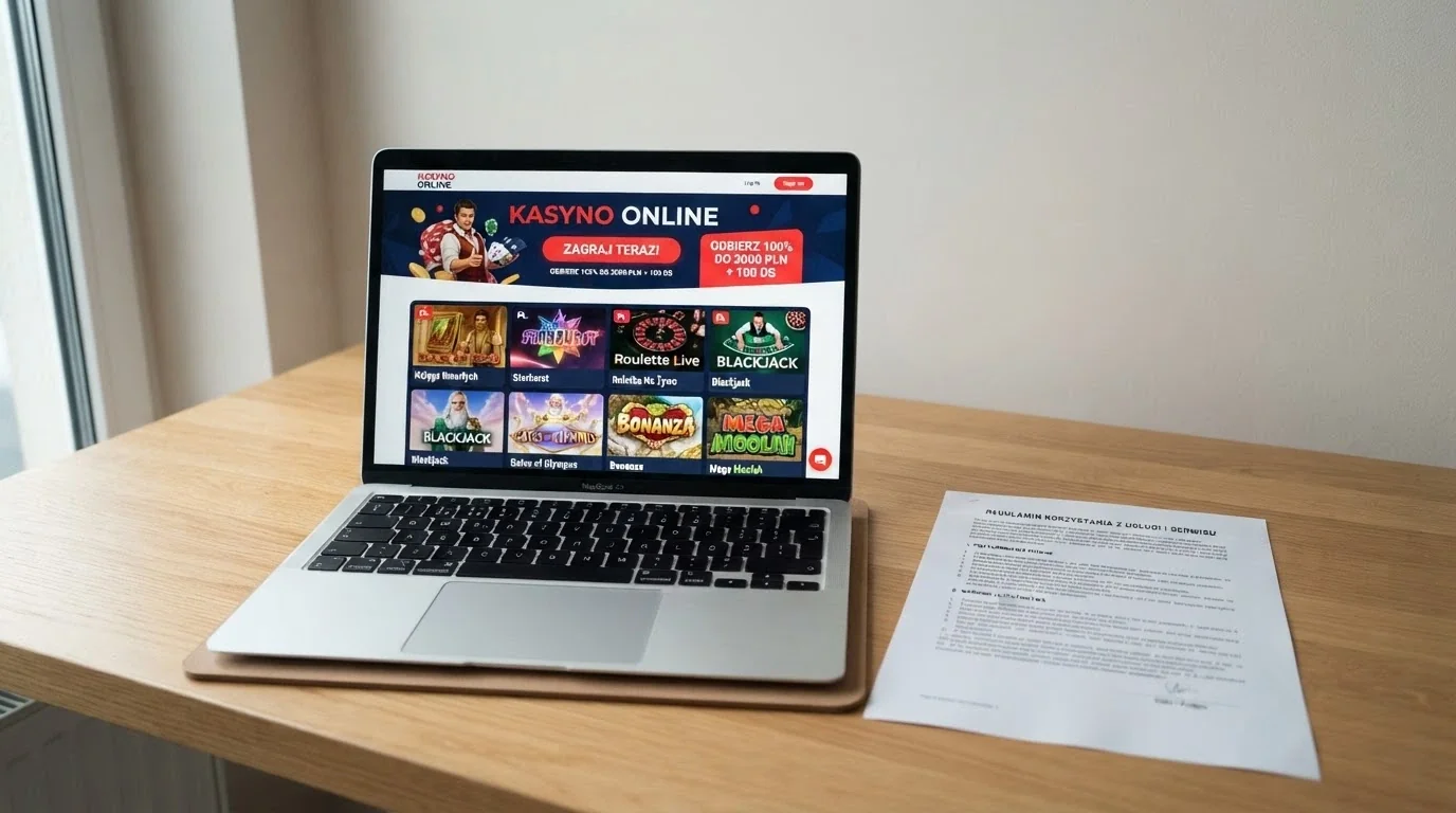 Ekran komputera z otwartą stroną Total Casino i widocznym logo Totalizatora Sportowego na tle dokumentu ustawy o grach hazardowych