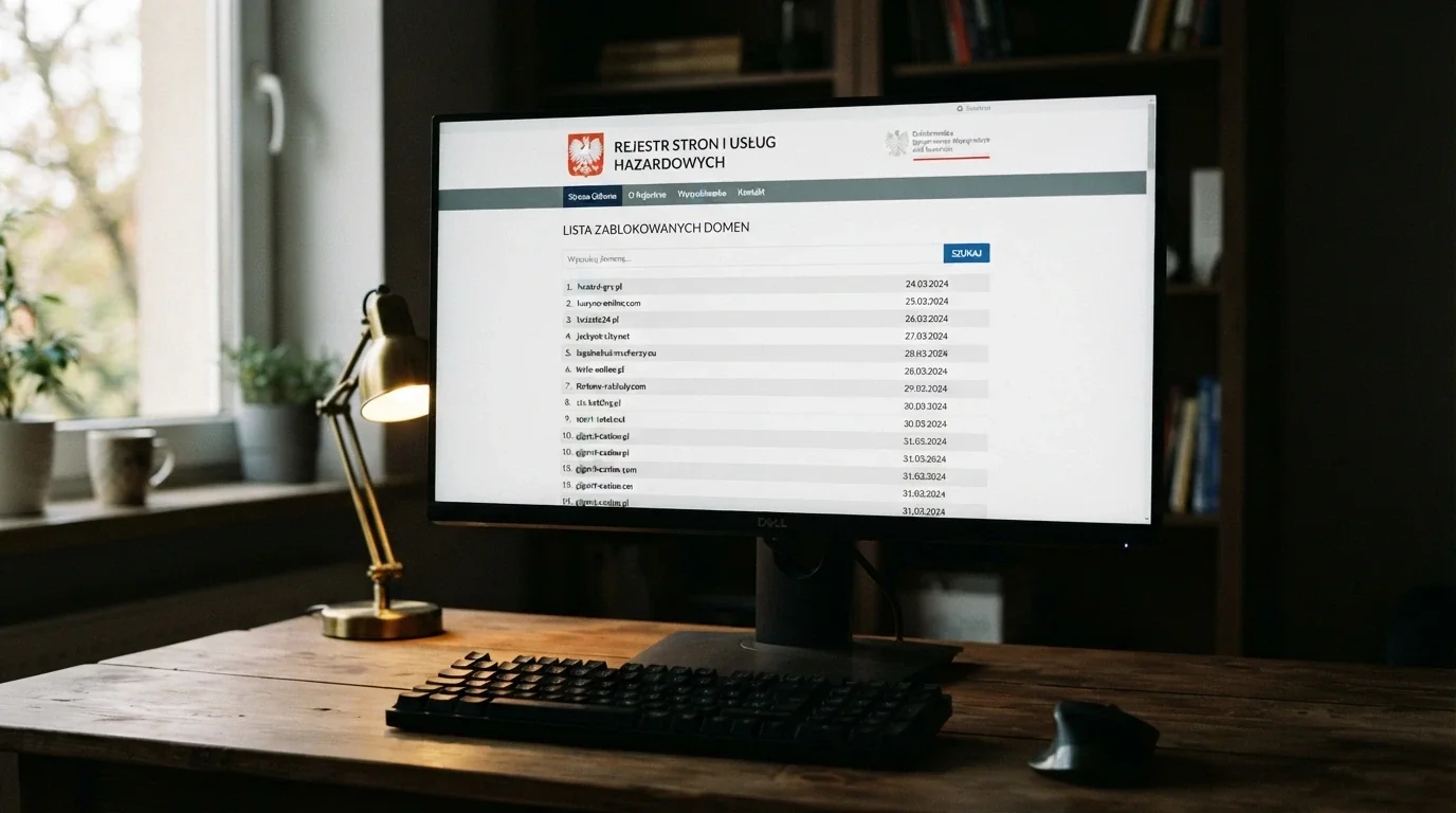 Ekran monitora z widokiem strony Rejestru Domen hazardowych MF i listą zablokowanych witryn