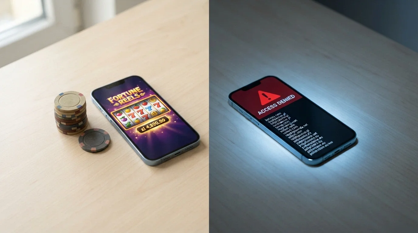 Podzielony ekran — logo Total Casino z oznaczeniem „legalne” i znak ostrzegawczy nad listą domen offshore