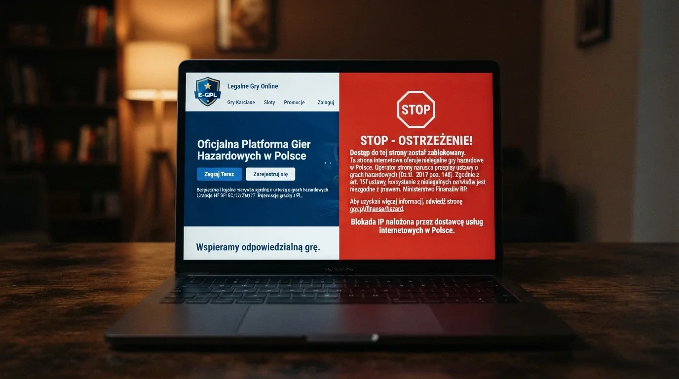 Podział ekranu: strona Total Casino z logo Totalizatora Sportowego i odnośnikiem do MF po lewej, oraz strona ostrzegawcza Rejestru Domen po prawej