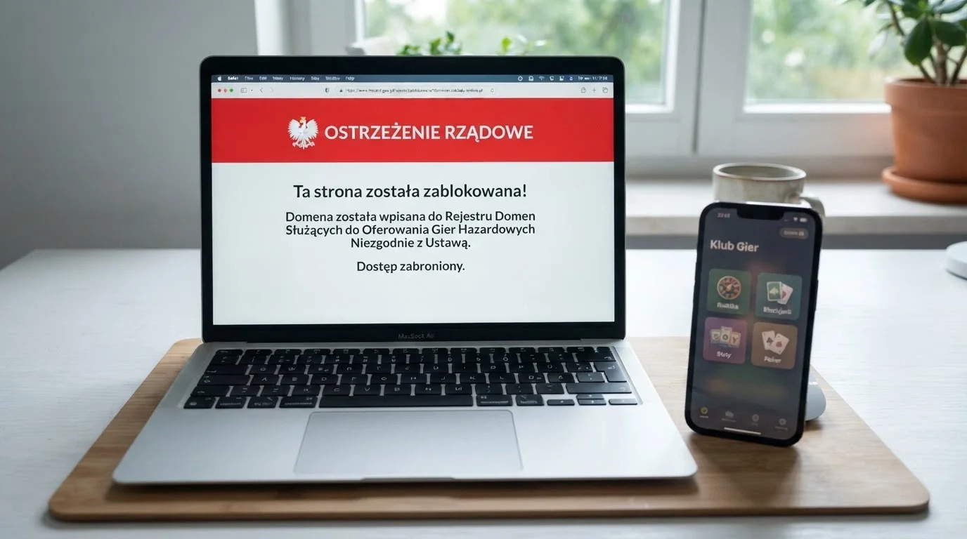 Podzielony ekran: z jednej strony logo Total Casino z oznaczeniem „legalne”, z drugiej przeglądarka z ostrzeżeniem MF i Rejestrem Domen