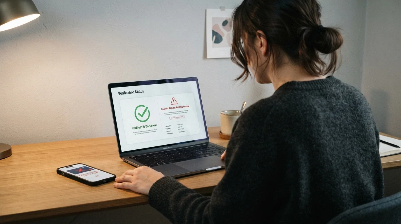 Fragment ustawy o grach hazardowych na biurku obok monitora z przekreślonym logo zagranicznego kasyna