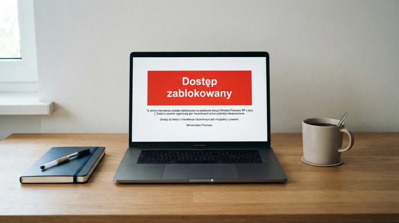 Dokument urzędowy i ekran rejestru domen hazardowych MF — symbol kontroli państwa nad hazardem online
