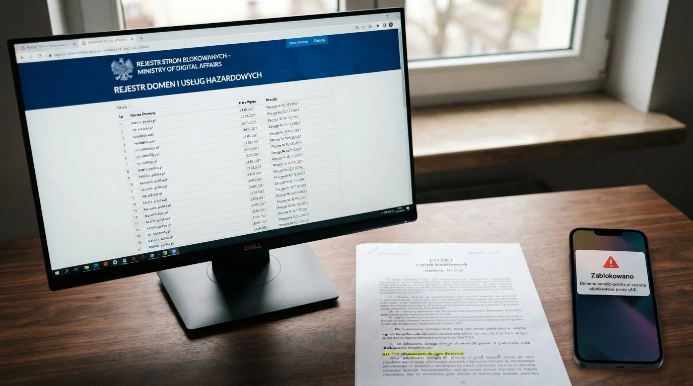 Ekran monitora z otwartą stroną Rejestru Domen hazard.mf.gov.pl, obok paragraf ustawy o grach hazardowych i smartfon z powiadomieniem BLIK o zablokowanej transakcji