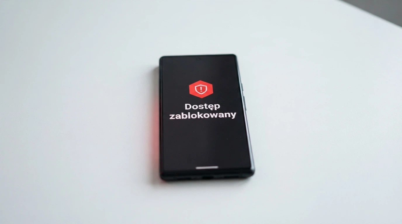 Zbliżenie na ekran telefonu z ostrzeżeniem Ministerstwa Finansów o nielegalnym hazardzie obok logo Total Casino — kontrast między legalnym a nielegalnym rynkiem