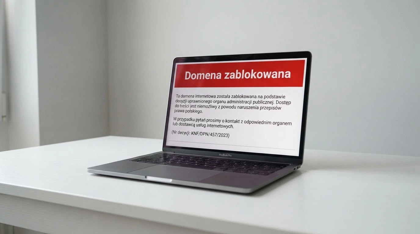 Dokument urzędowy z pieczęcią Ministerstwa Finansów na tle ekranu z komunikatem o blokadzie domeny hazardowej