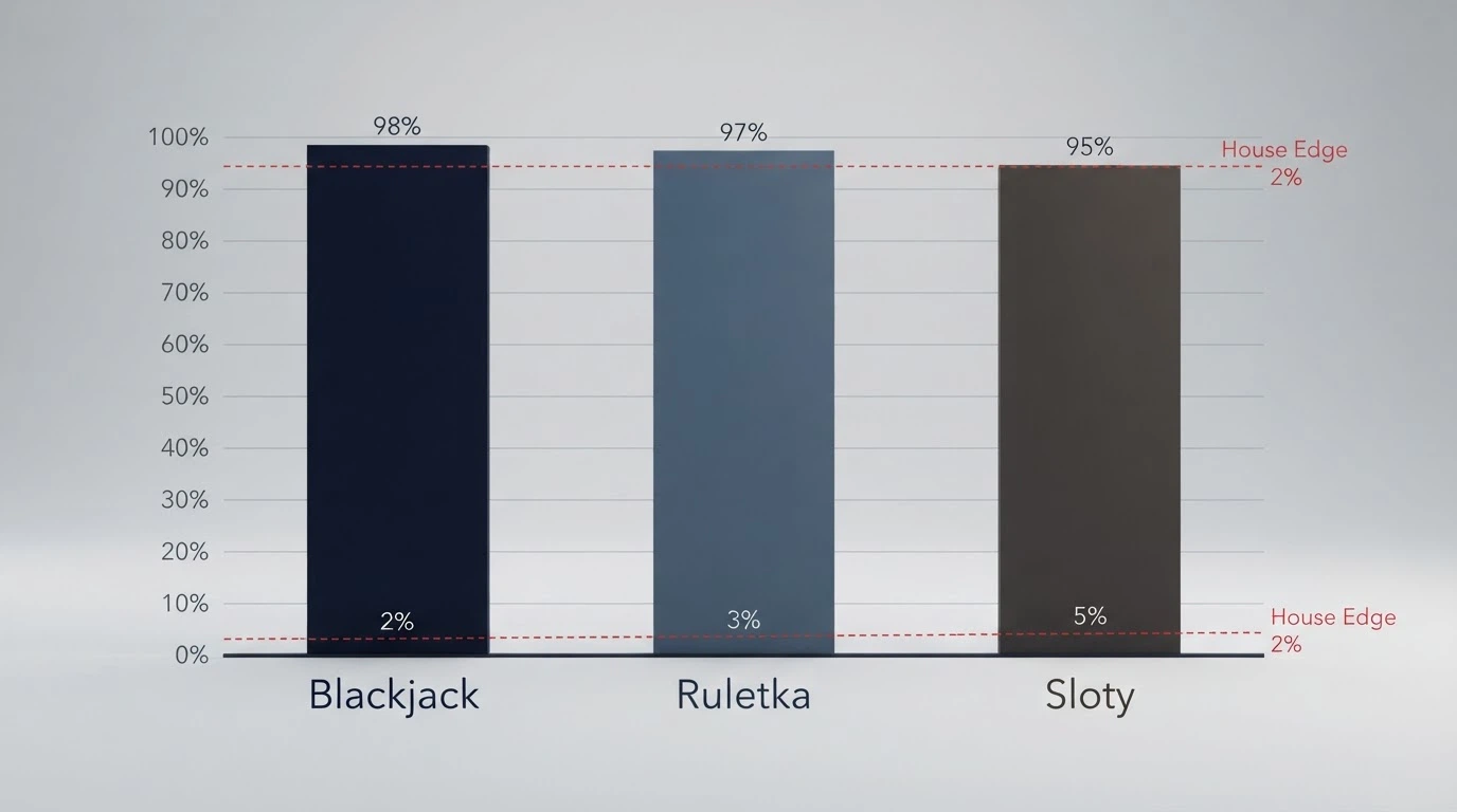 Wykres słupkowy porównujący RTP blackjacka (98%), ruletki (97%) i slotów (95%) z zaznaczoną przewagą kasyna przy każdym słupku