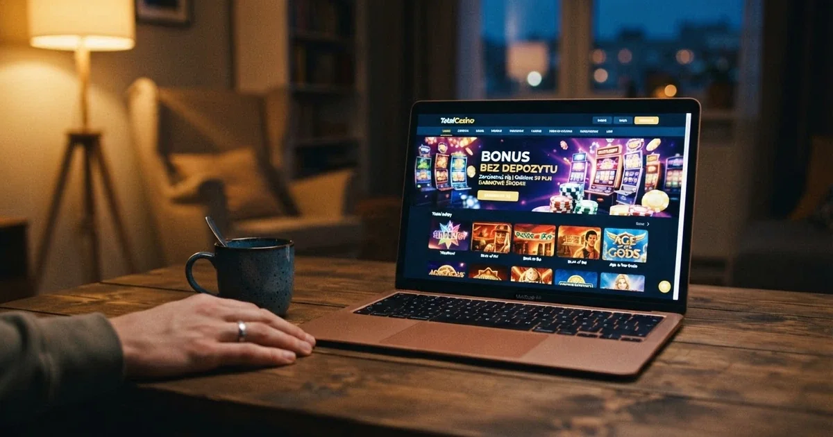 Ekran laptopa wyświetlający stronę nowego kasyna online z ofertą bonusu bez depozytu i grami slotowymi