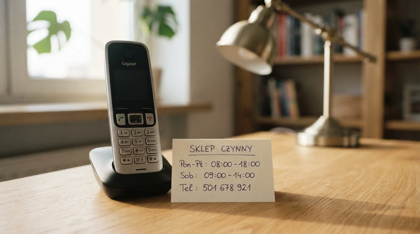 Słuchawka telefonu zaufania na biurku, obok kartka z numerem 801 889 880 i godziny 17:00–22:00