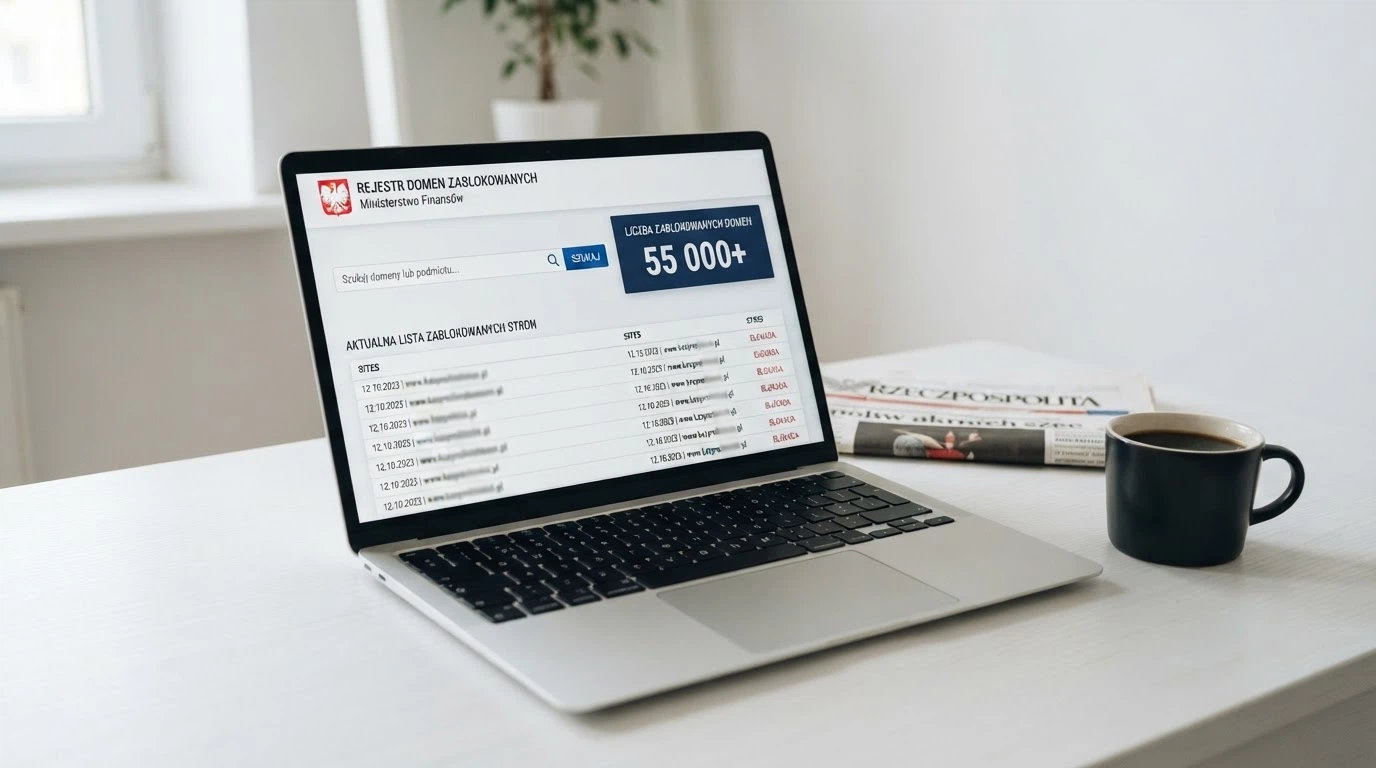 Zrzut ekranu strony Rejestru Domen hazard.mf.gov.pl z widoczną liczbą wpisów i polem wyszukiwania, obok logo Ministerstwa Finansów