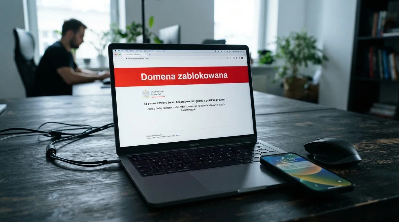 Dokument urzędowy z pieczęcią Ministerstwa Finansów obok ekranu z ostrzeżeniem o blokadzie nielegalnej domeny hazardowej