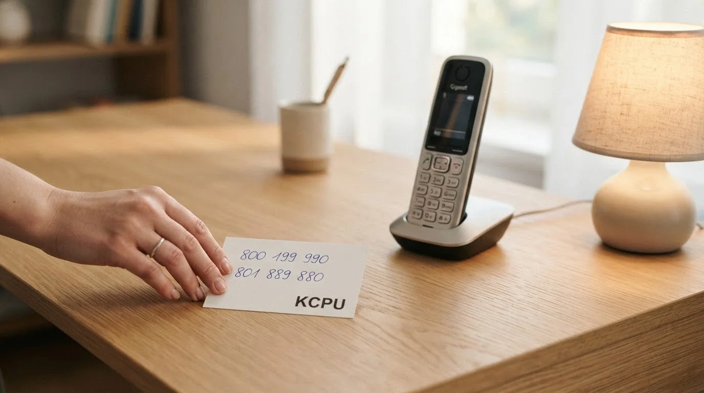 Słuchawka telefonu na biurku, obok kartka z odręcznie zapisanymi numerami 800 199 990 i 801 889 880 oraz logo KCPU