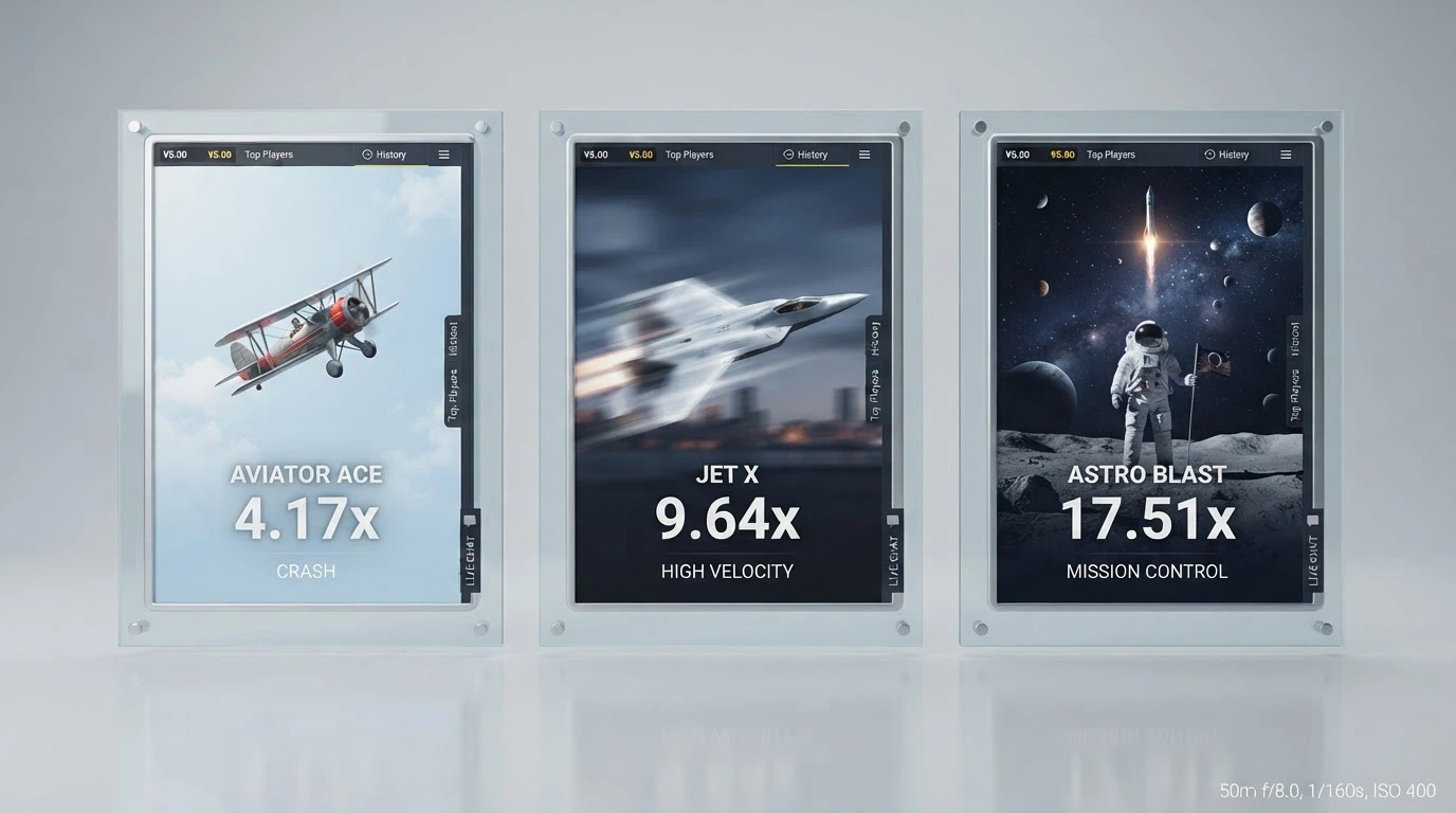 Interfejsy gier Aviator, JetX i Spaceman obok siebie — trzy różne motywy graficzne